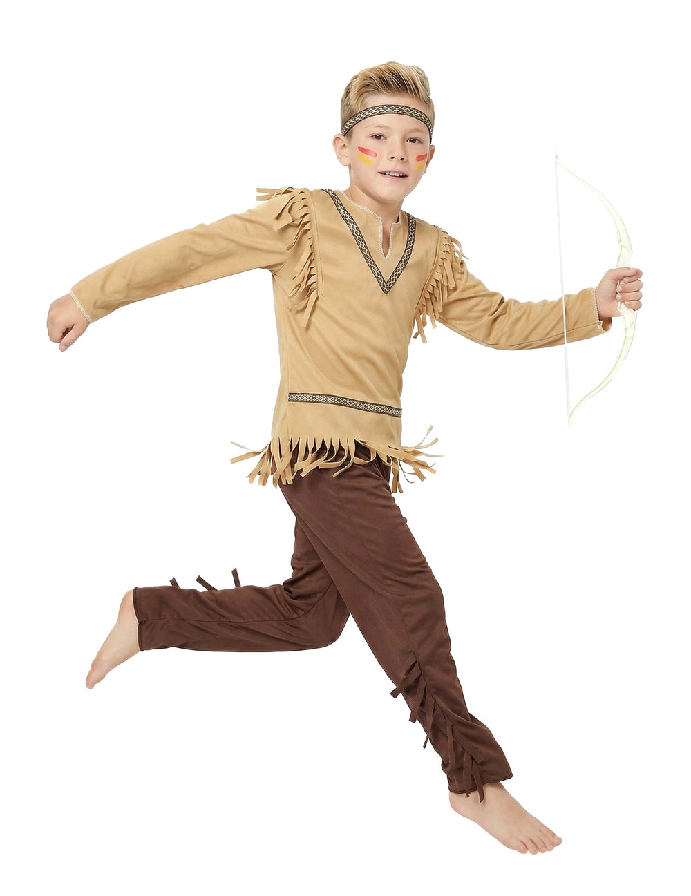 Déguisement indien franges et col V pour garçon beige et marron