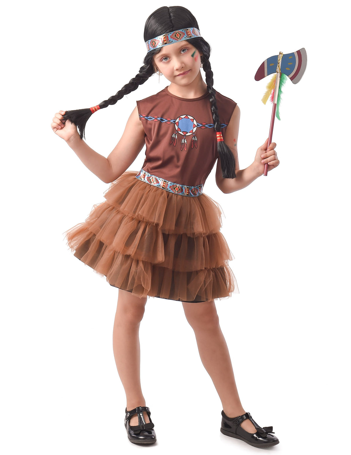 Déguisement indienne chic pour fille marron avec jupon en tulle et bandeau tribal
