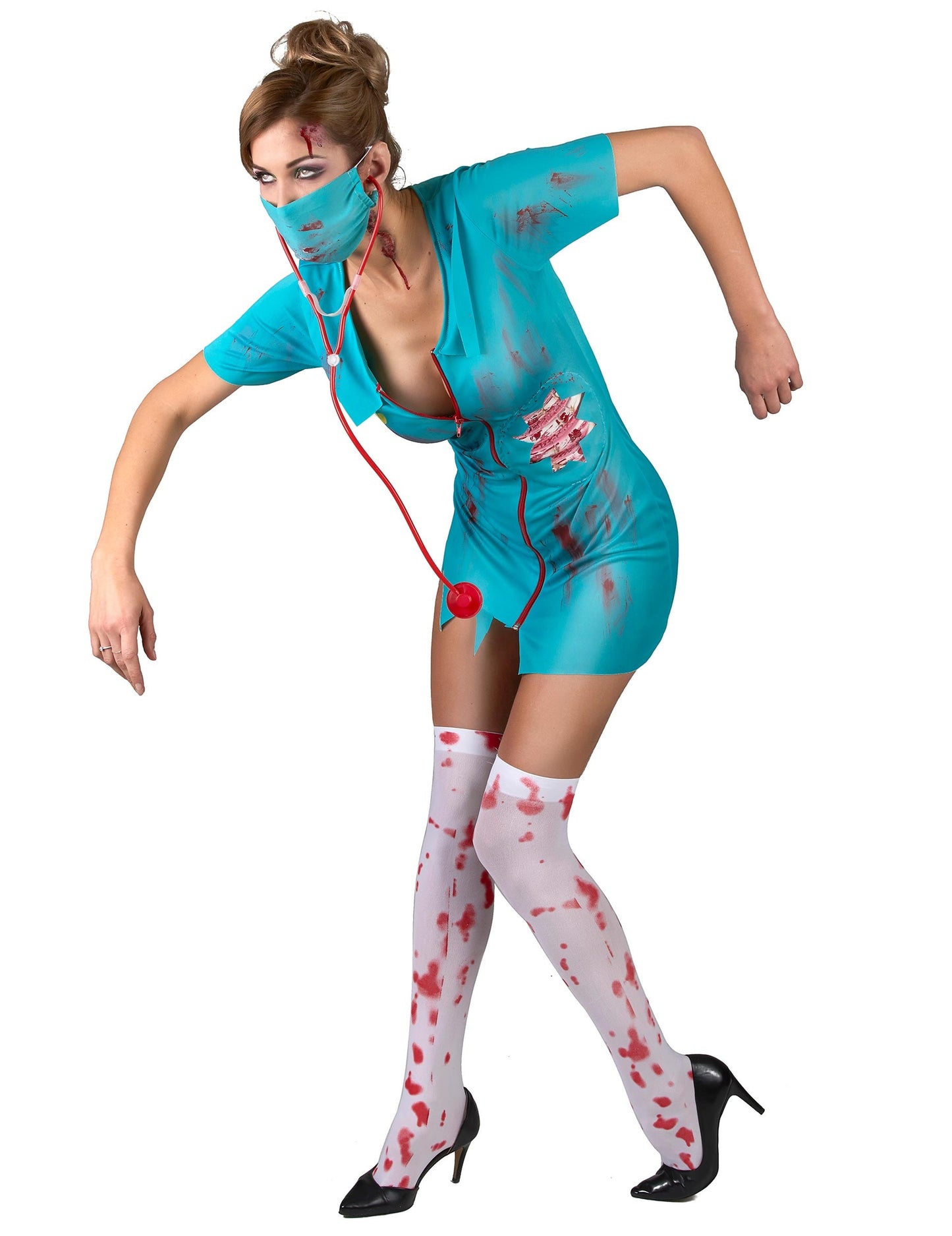 Vue de face en mouvement du déguisement infirmière zombie pour femme