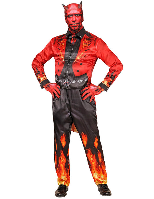 Vue de face du déguisement intégral diable en feu
