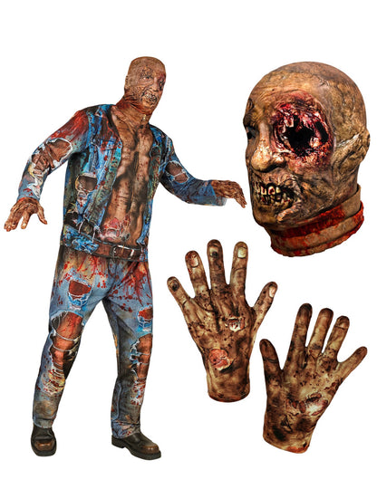 Détails du masque et des gants du déguisement intégral zombie pour adulte