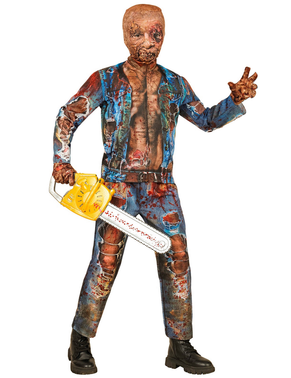 Déguisement intégral zombie pour enfant bleu et ensanglanté avec masque et tronçonneuse