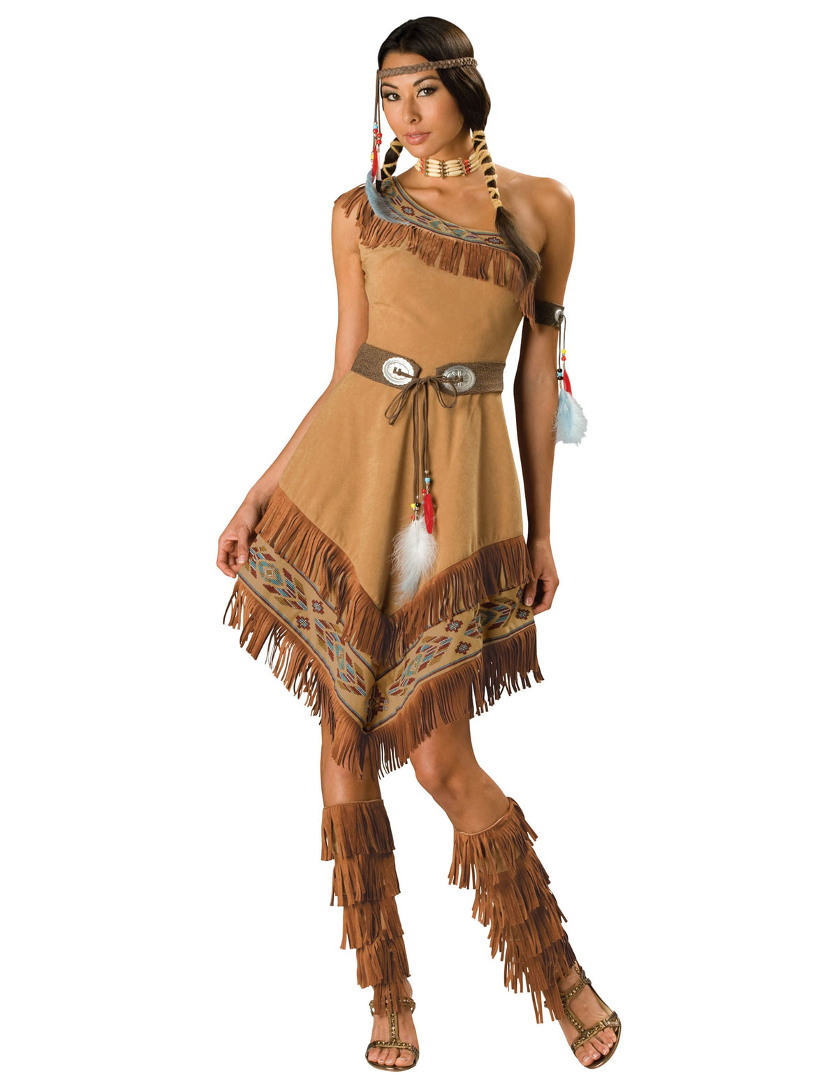Déguisement Jeune Indienne pour femme luxe marron avec franges et plumes