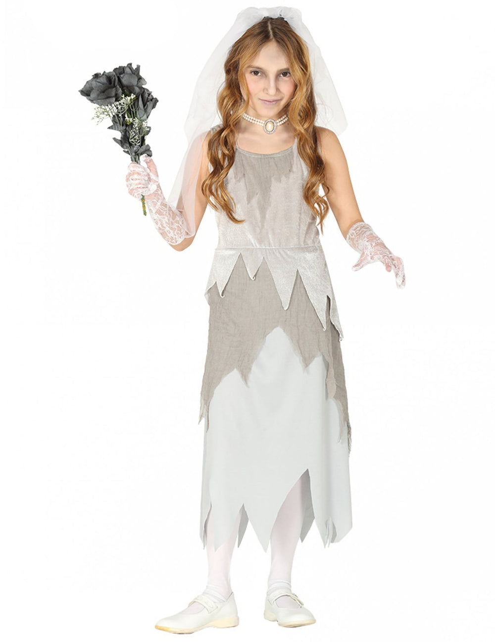 Déguisement jeune mariée fantôme pour fille grise avec voile et bouquet