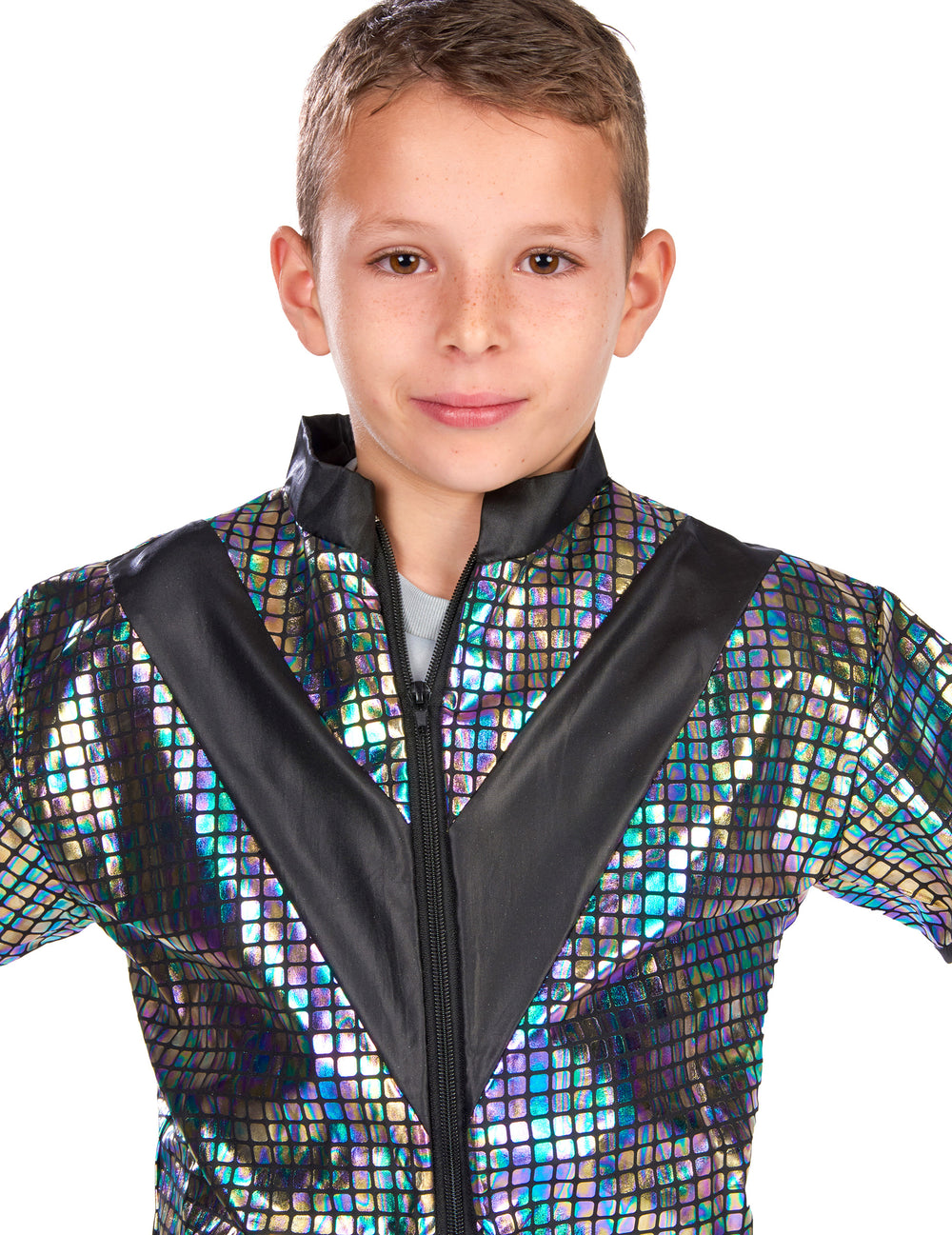 Gros plan sur le haut de la veste du déguisement jogging disco années 80 adolescent