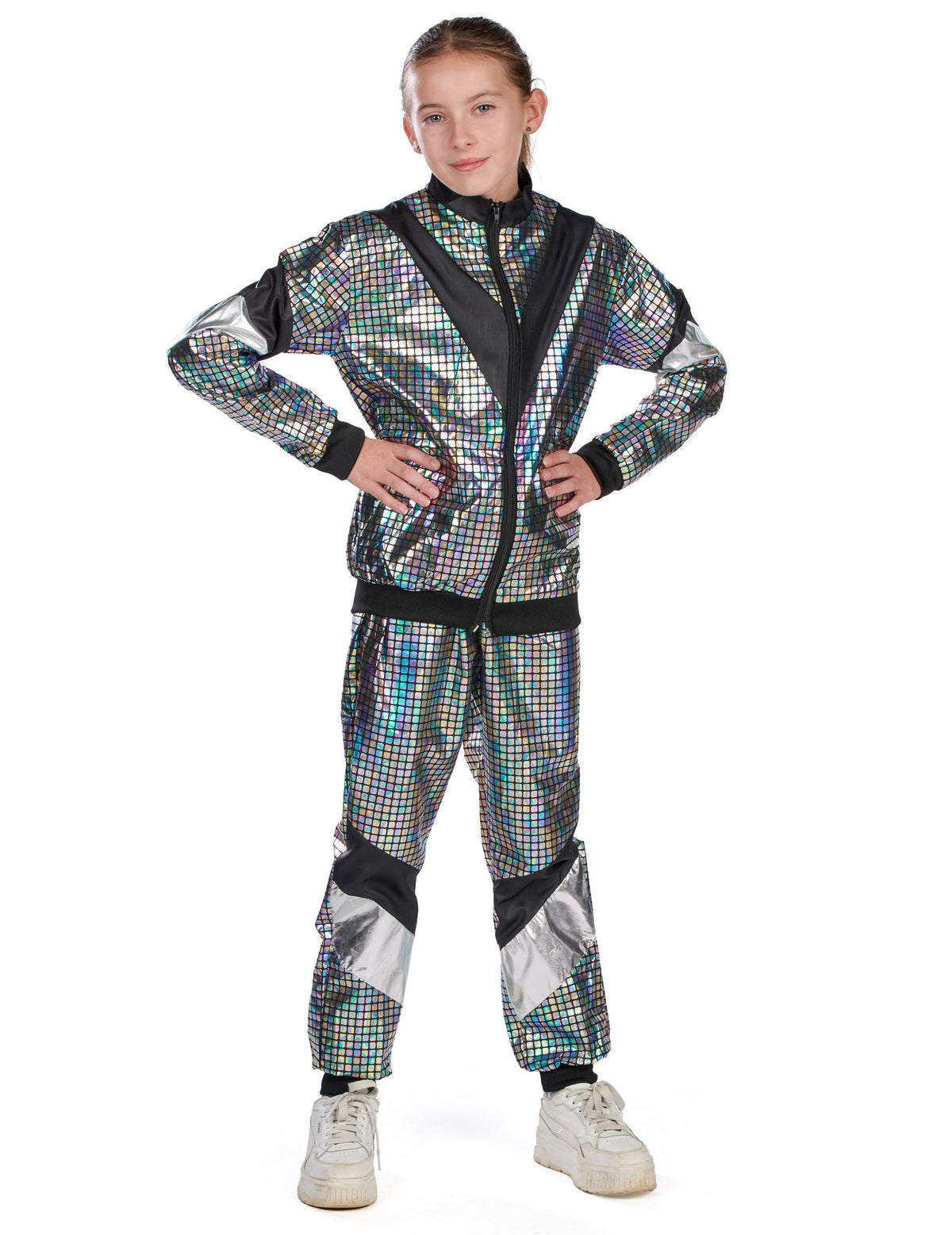 Vue de face du déguisement jogging disco années 80 adolescent