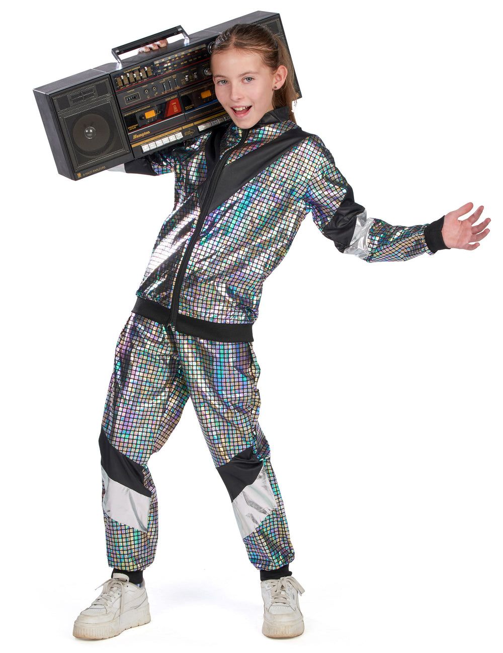 Mise en situation avec poste radio du déguisement jogging disco années 80 adolescent