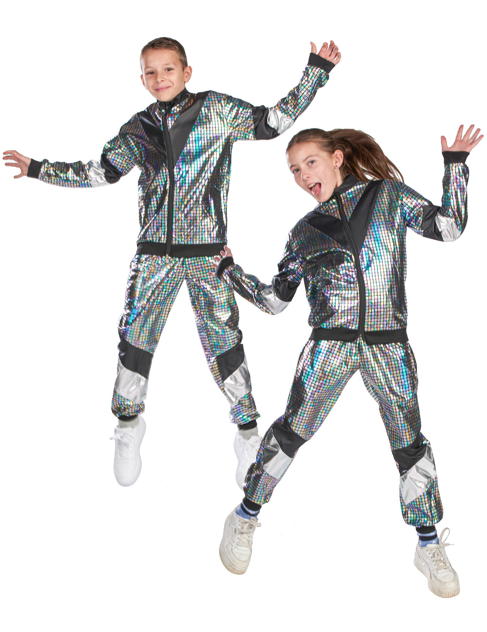 Mise en situation en duo du déguisement jogging disco années 80 adolescent