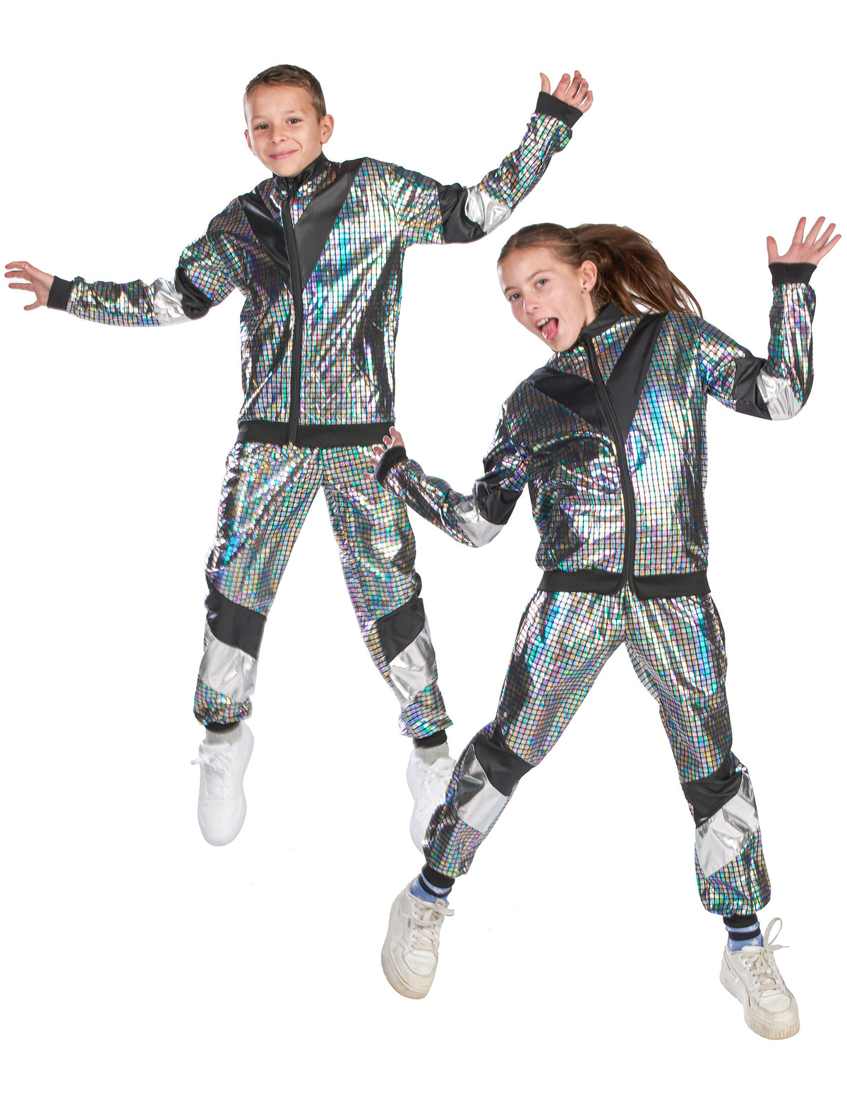 Mise en situation en duo du déguisement jogging disco années 80 adolescent