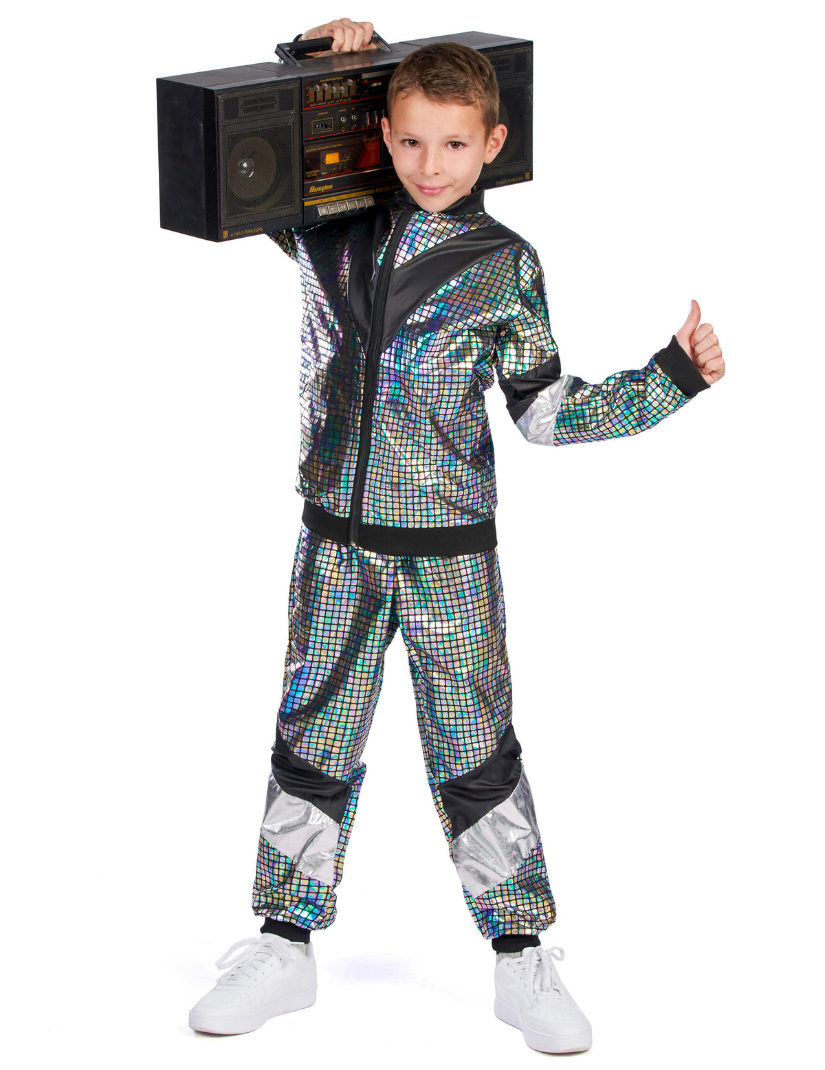 Mise en situation avec poste radio du déguisement jogging disco années 80 adolescent