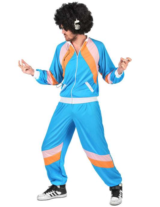 Déguisement jogging rétro pour homme bleu ciel avec bandes orange et roses