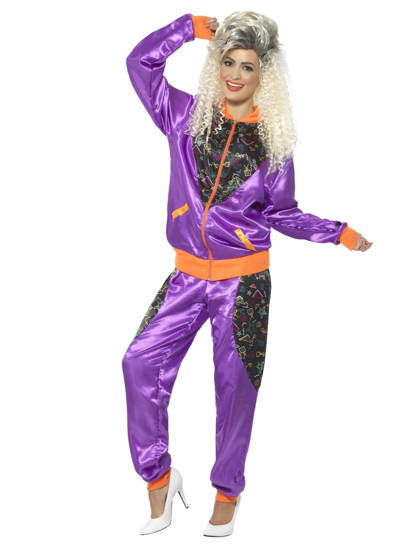 Déguisement jogging rétro pour femme violet et orange avec motifs géométriques