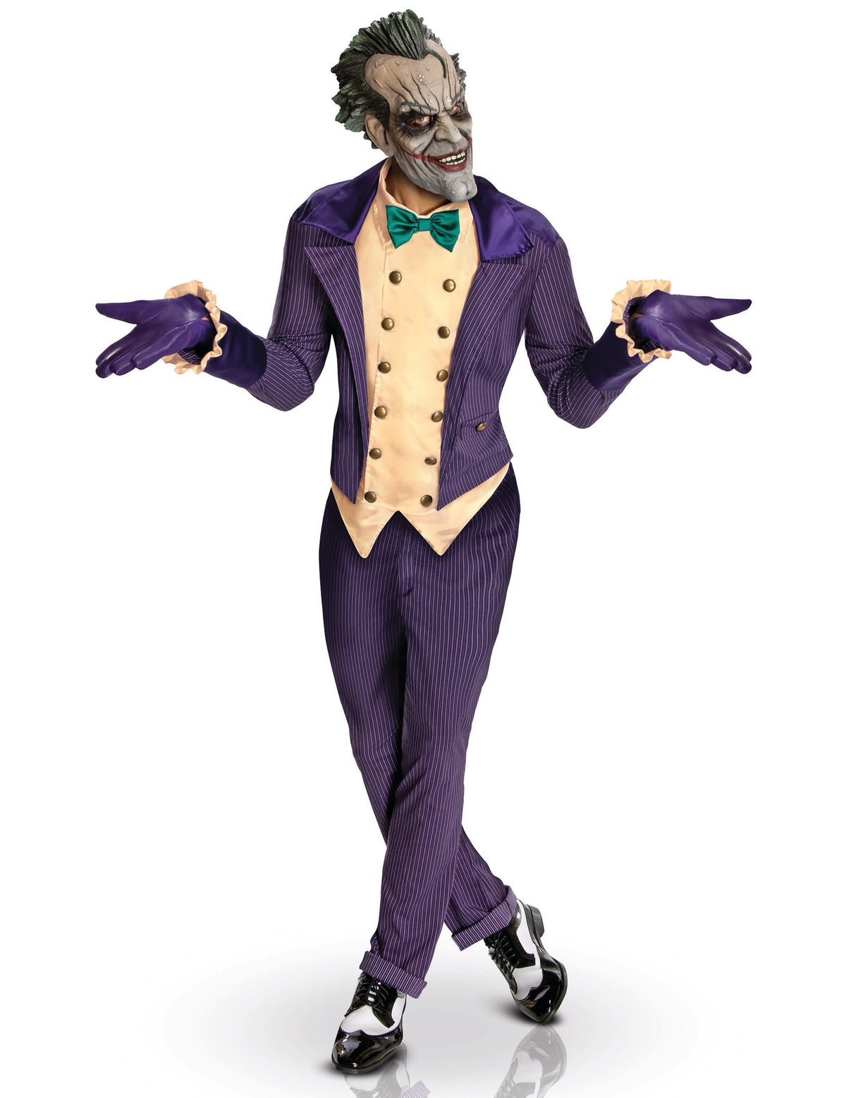 Déguisement Joker™ Arkham City™ pour adulte violet à rayures avec masque et gilet jaune