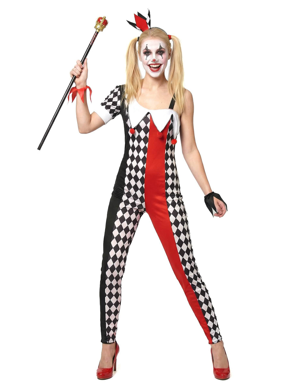 Kostim joker za ženu crvena crno i bijelo s dijamantima