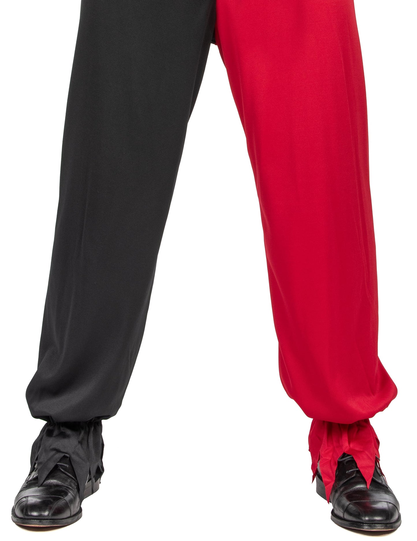 Détail du bas de pantalon bicolore du déguisement Joker Fou pour adulte