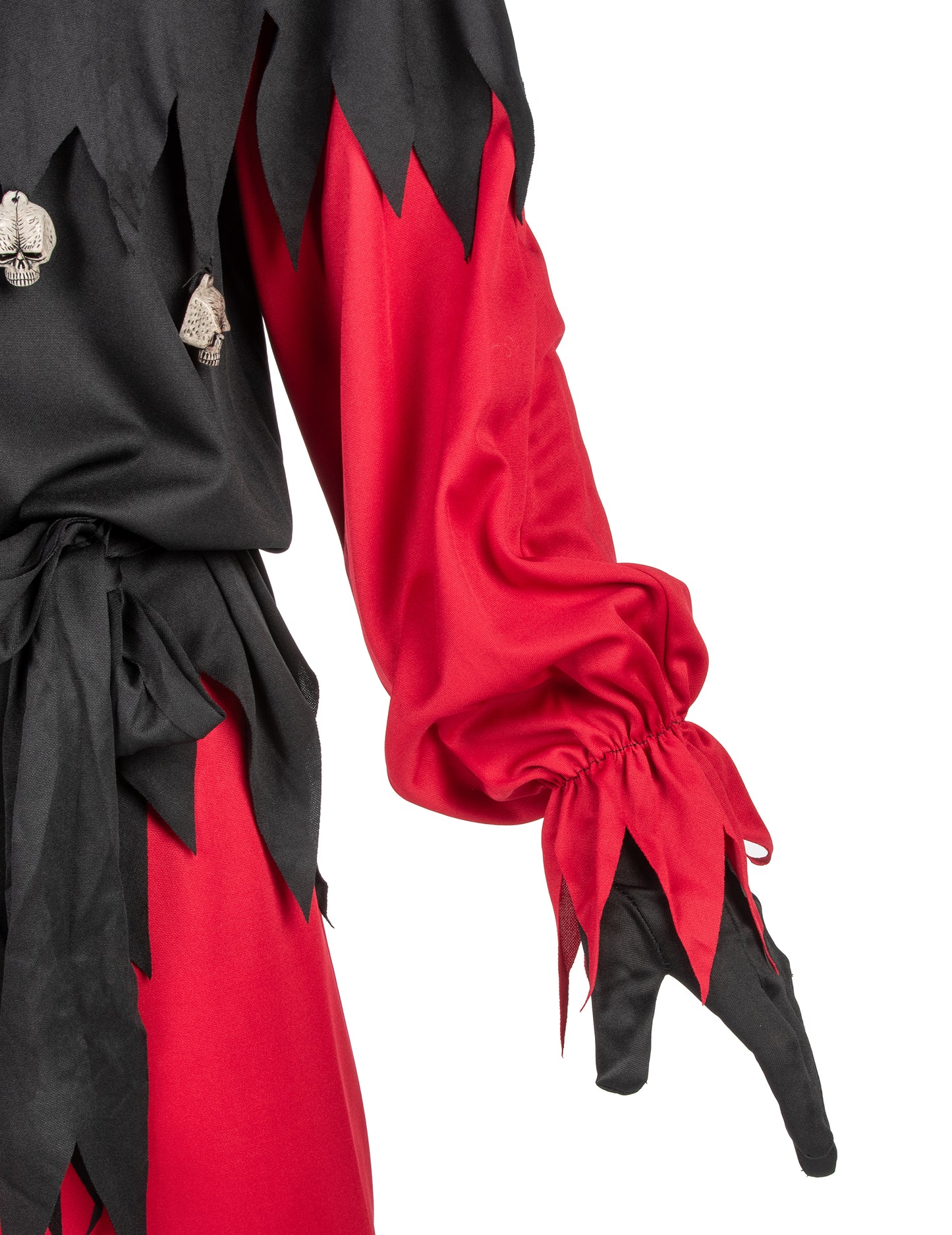 Détail de la manche bouffante et des crânes du déguisement Joker Fou pour adulte