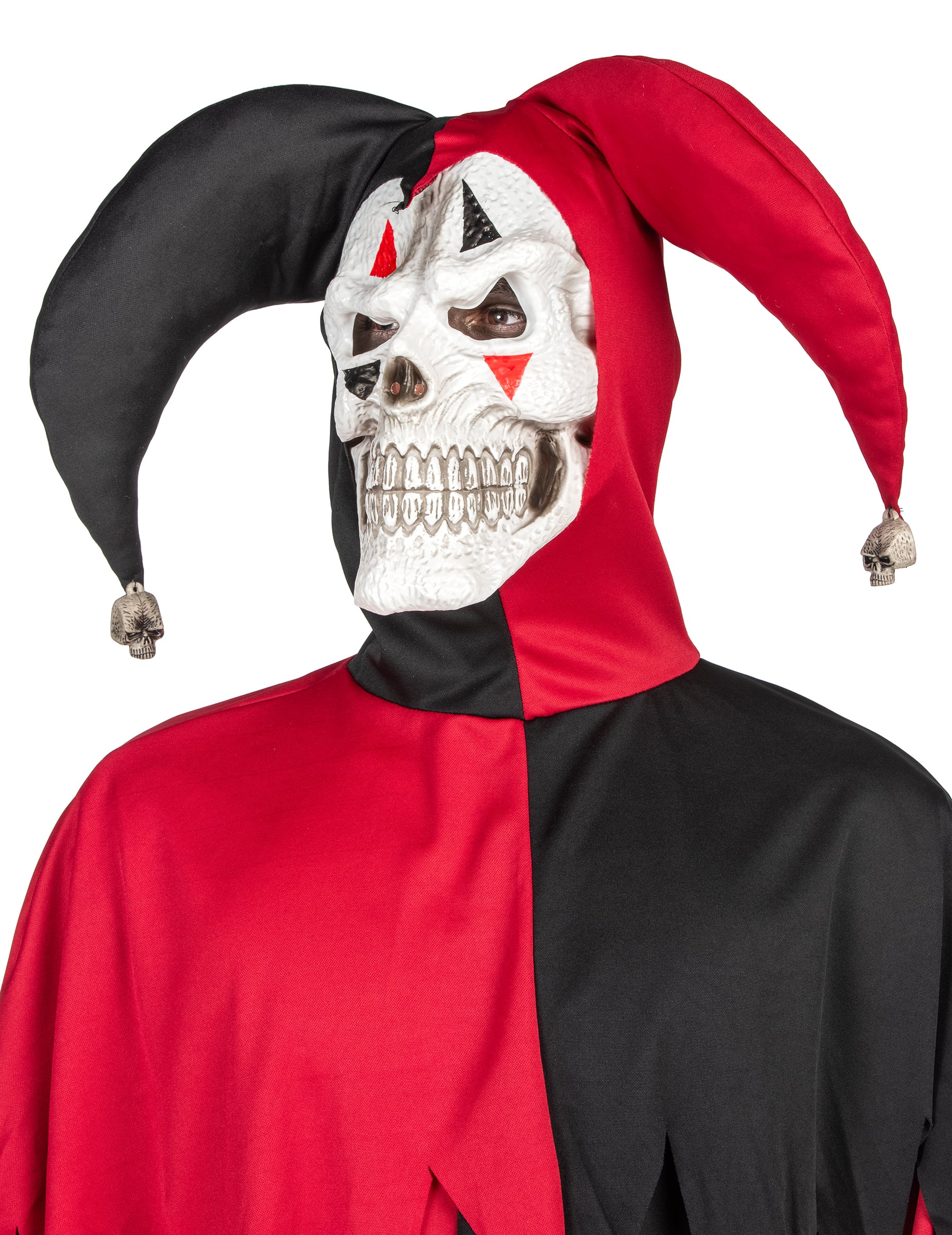 Gros plan sur le masque de squelette et la coiffe du déguisement Joker Fou pour adulte