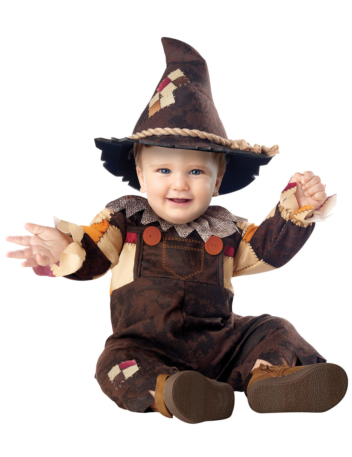 Déguisement joyeux épouvantail luxe pour bébé marron avec chapeau pointu