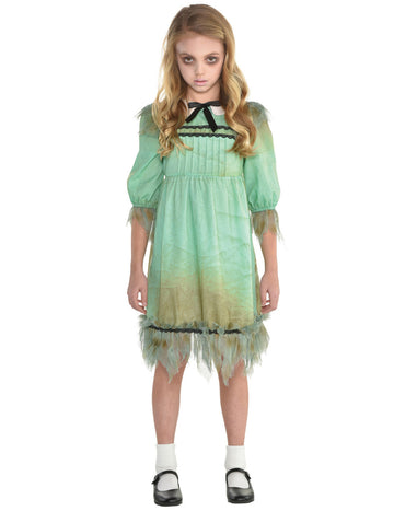 Déguisement de jumelle effrayante pour fille vert menthe avec noeud noir et finitions déchirées