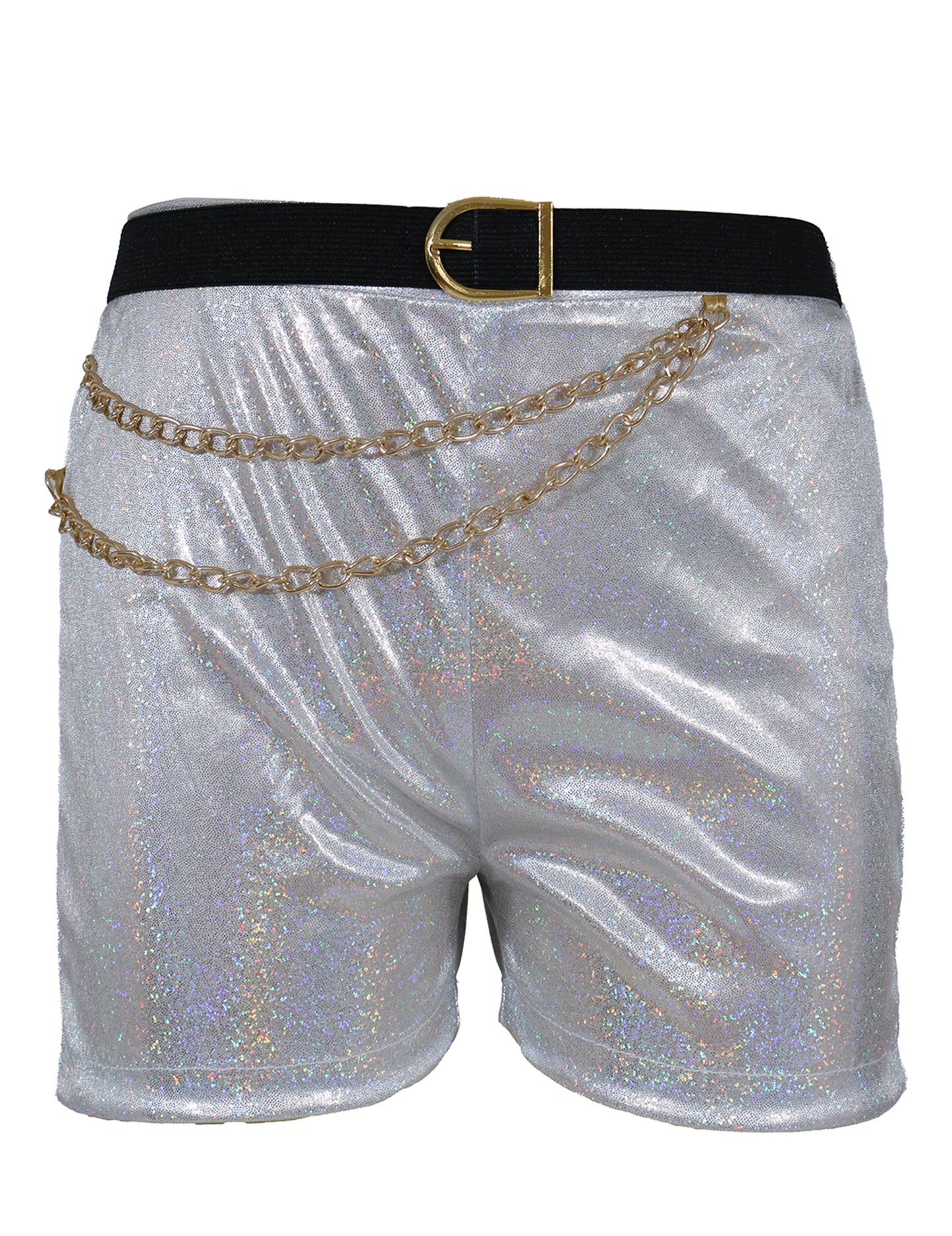 Détail du short avec chaînes dorées du déguisement Kpop star iridescent