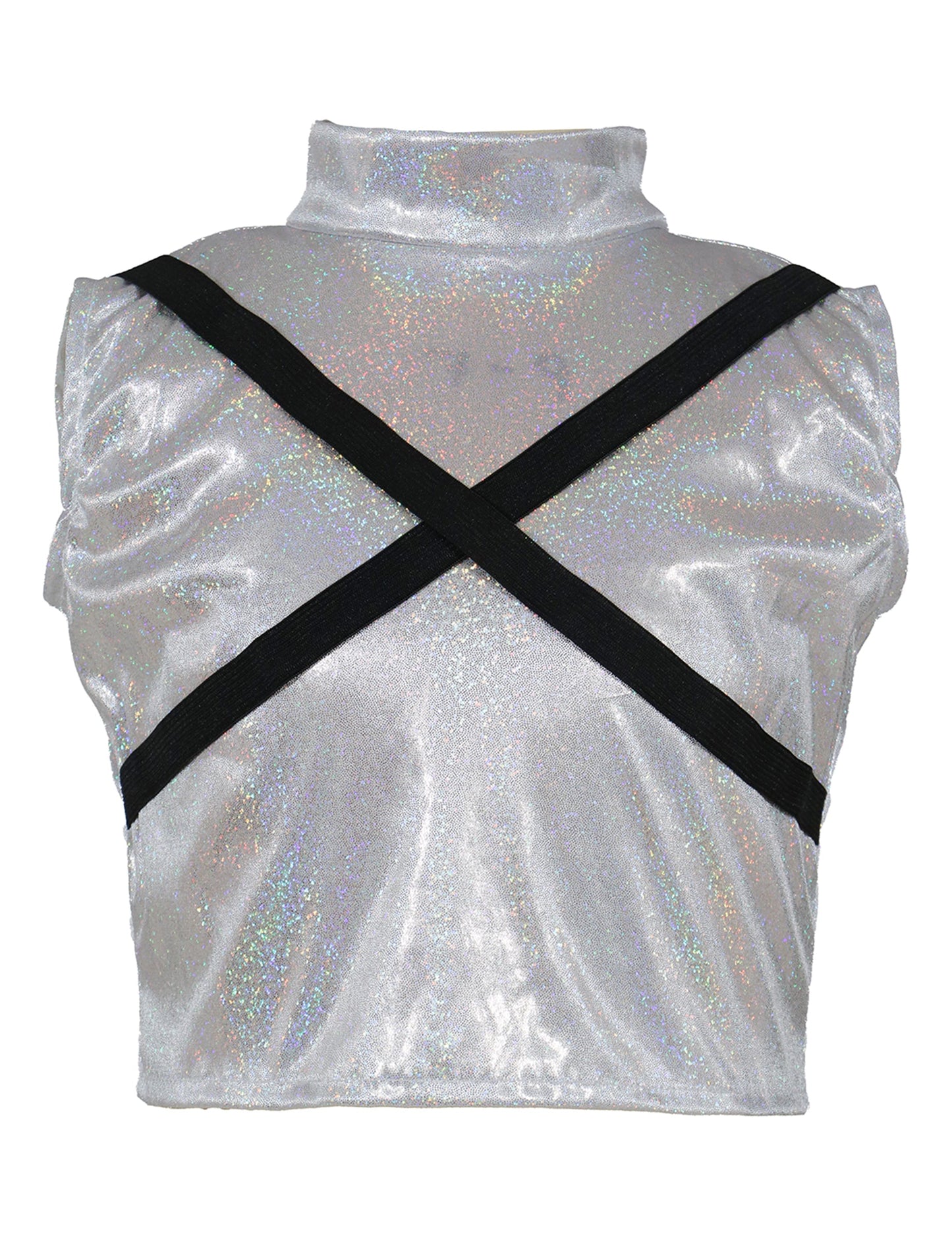 Détail du haut argenté avec sangles noires croisées du déguisement Kpop star iridescent