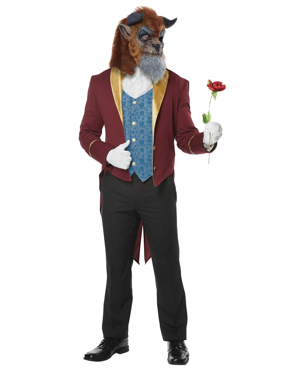 Déguisement la bête pour homme veste bordeaux et gilet bleu avec masque