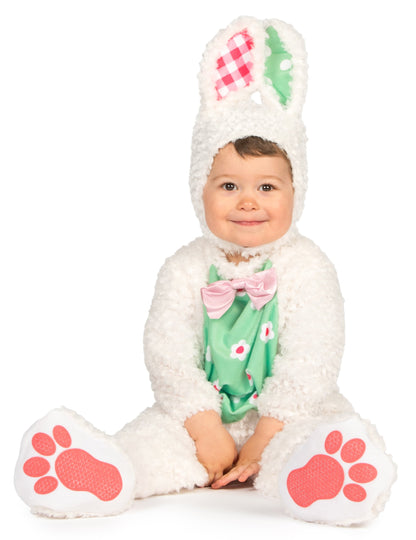Déguisement lapin pour bébé blanc avec nœud rose et détails fleuris verts