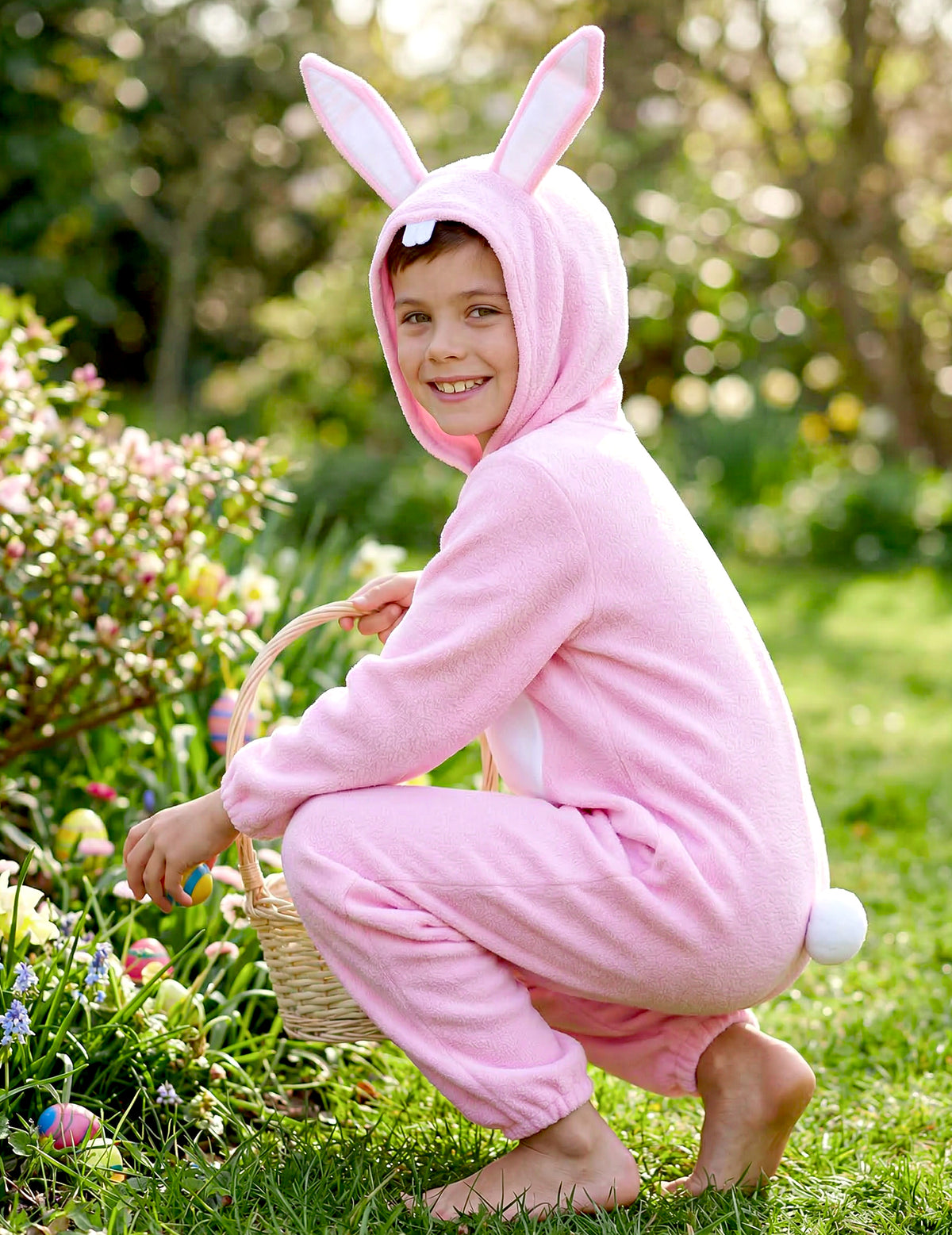 Vue de profil avec panier du déguisement de lapin pour enfant