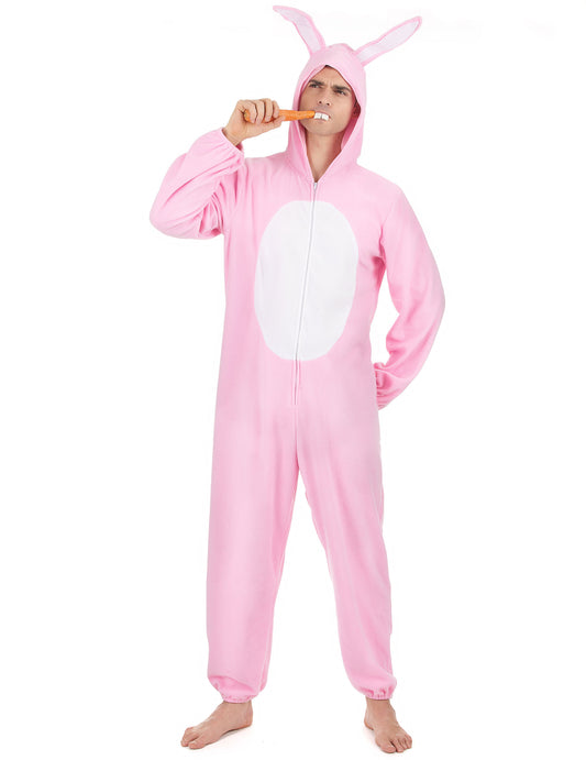 Déguisement de lapin pour homme rose avec ventre blanc et capuche à oreilles