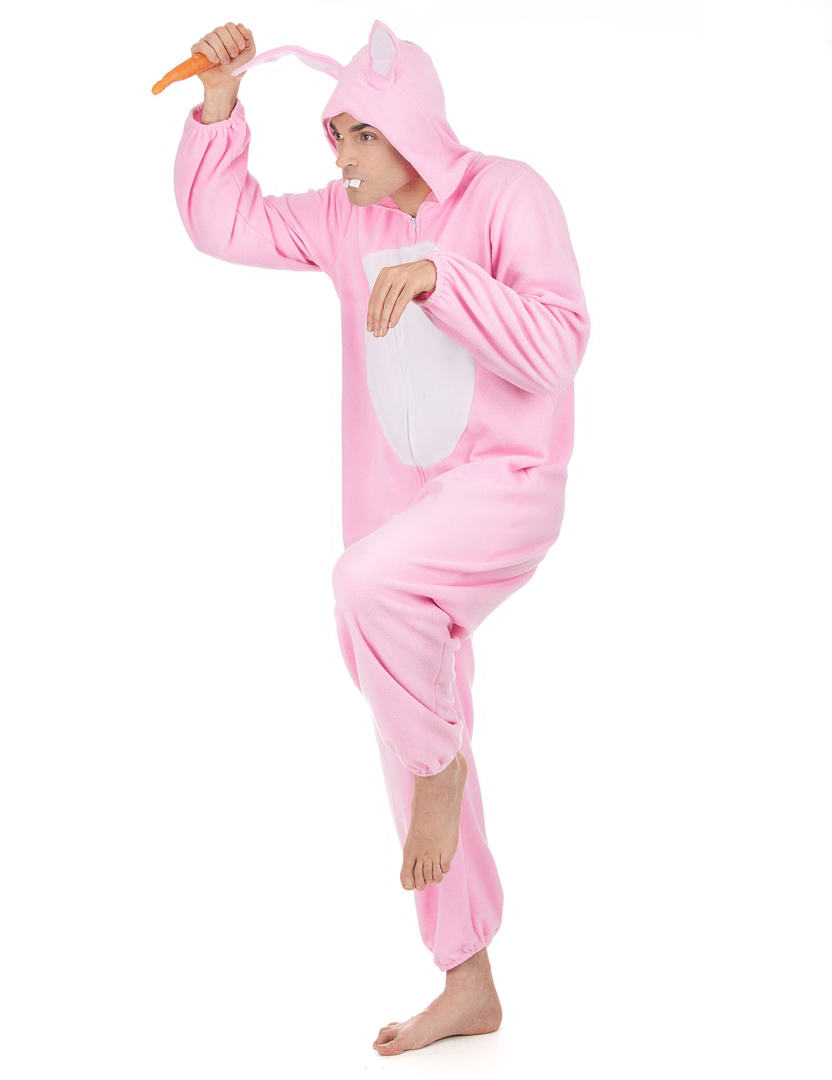 Vue de profil du déguisement de lapin pour homme avec carotte