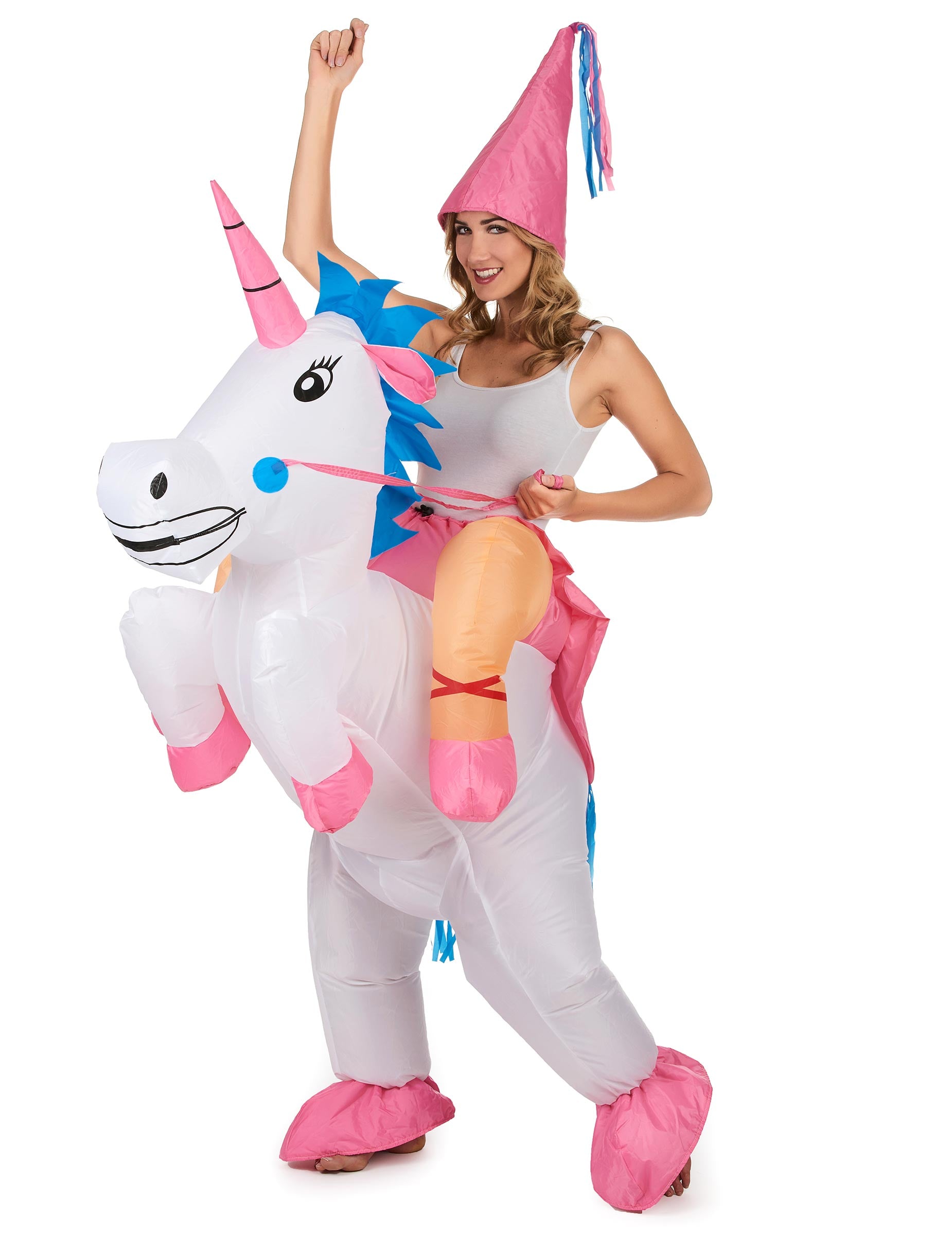 Déguisement gonflable de licorne pour adulte blanc et rose avec chapeau pointu