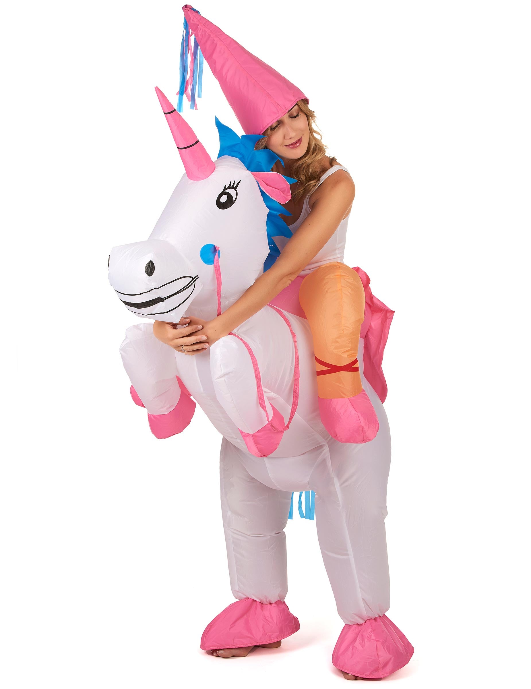 Vue de profil du déguisement gonflable de licorne pour adulte