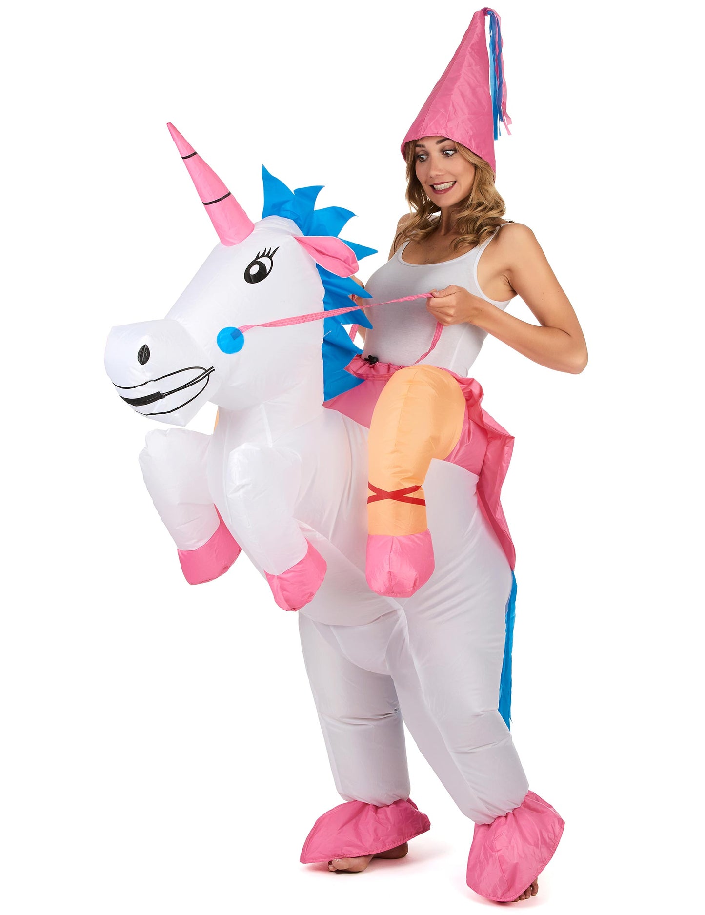 Vue de trois-quarts du déguisement gonflable de licorne pour adulte