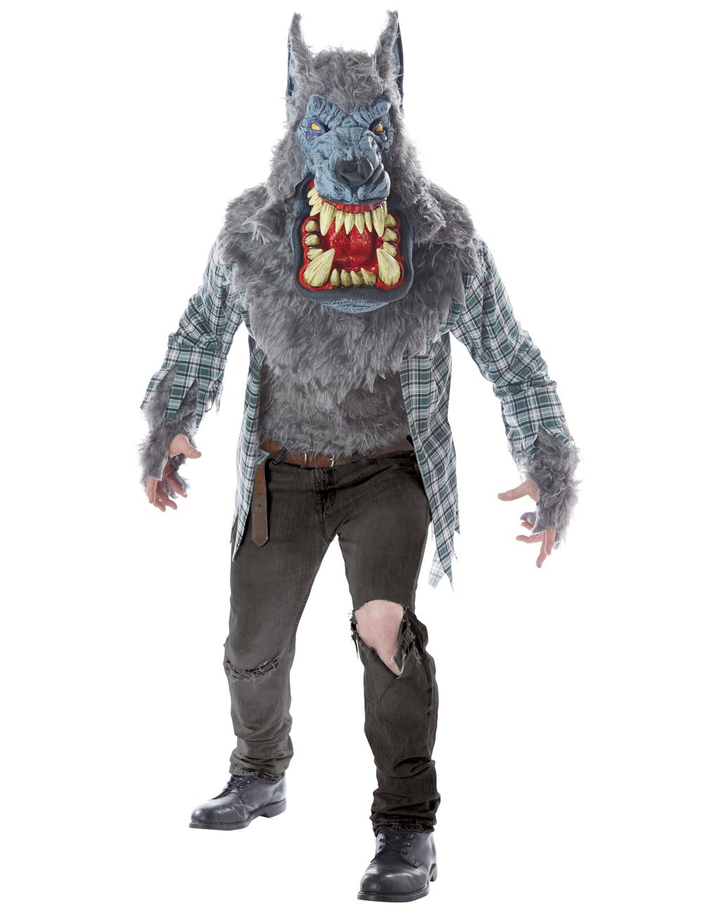 Déguisement et masque loup-garou luxe pour adulte gris avec chemise à carreaux