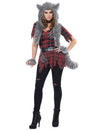Déguisement loup-garou luxe pour femme rouge et gris avec capuche en fausse fourrure