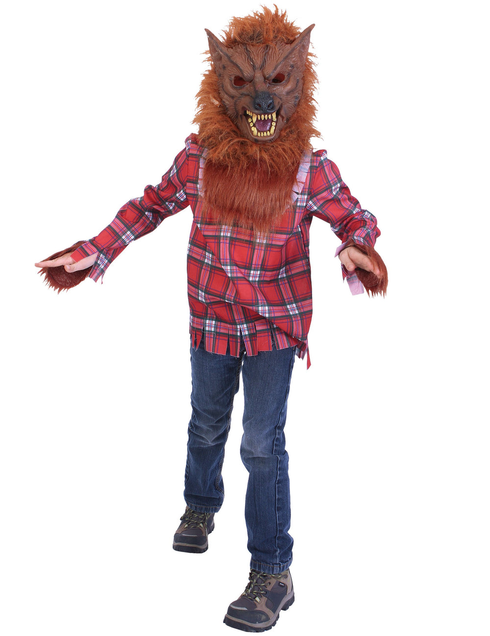 Déguisement de loup-garou pour garçon avec masque poilu et chemise à carreaux rouge