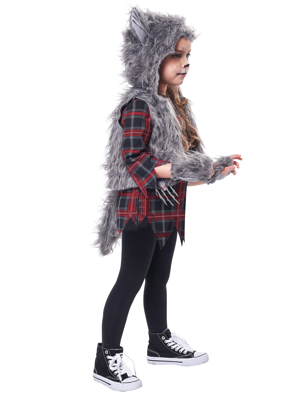 Vue de profil du déguisement loup garou pour fille gris luxe