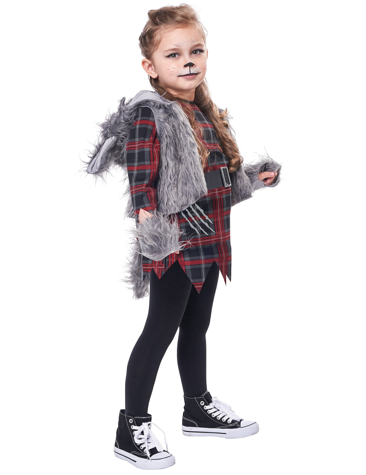 Vue de trois-quarts du déguisement loup garou pour fille gris luxe