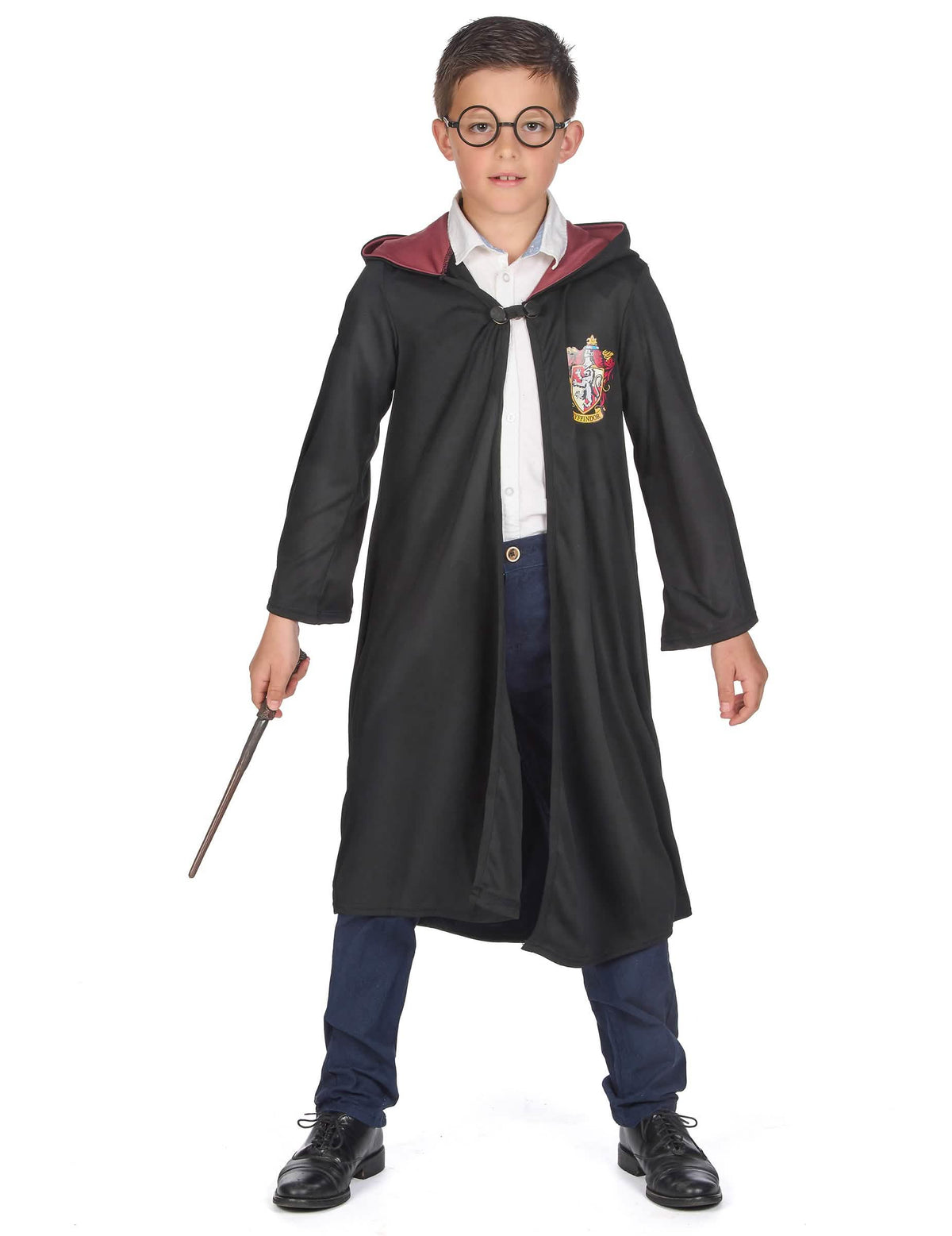 Prednji pogled s čarobnim štapićem i naočale luksuznog kostima haljine čarobnjaka Gryffindora Harry Potter