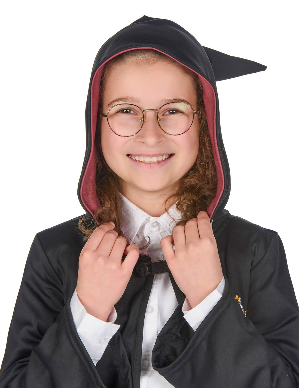 Krupni plan lica s naočale i kapuljačom luksuzno kostim haljine čarobnjaka Gryffindor Harry Potter