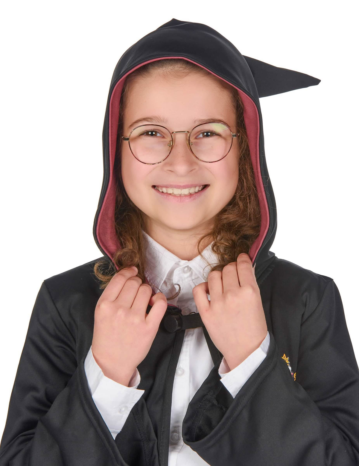 Krupni plan lica s naočale i kapuljačom luksuzno kostim haljine čarobnjaka Gryffindor Harry Potter