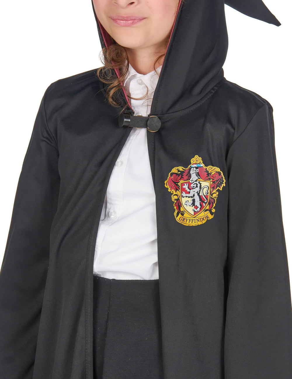 Detalj grba i zatvaranja luksuzne haljine kostima čarobnjaka Gryffindor Harry Potter