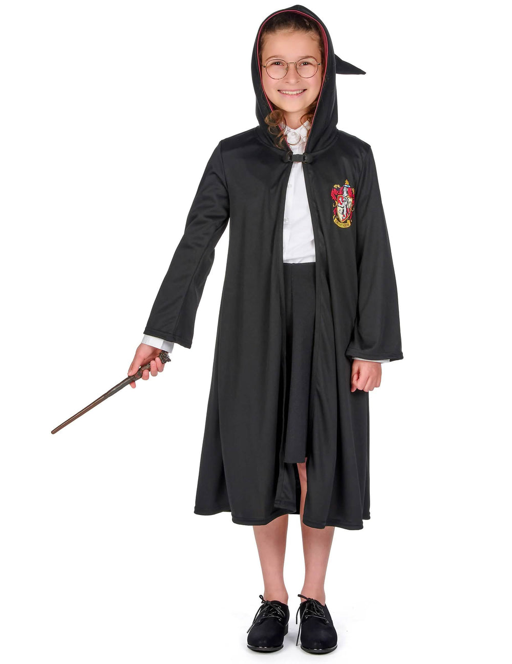 Pogled s kapuljačom, štapićem i naočale luksuzna haljina čarobnjaka Gryffindora Harry Potter