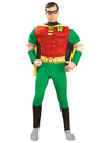 Déguisement de luxe Robin pour homme rouge et vert avec torse musclé rembourré