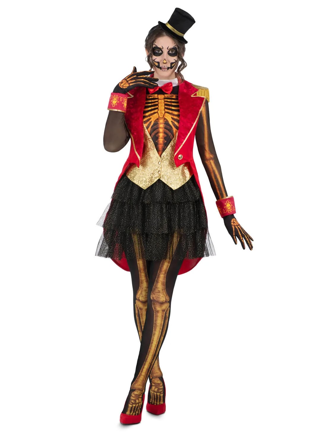 Déguisement de Madame Loyal squelette pour femme rouge et noir avec détails dorés