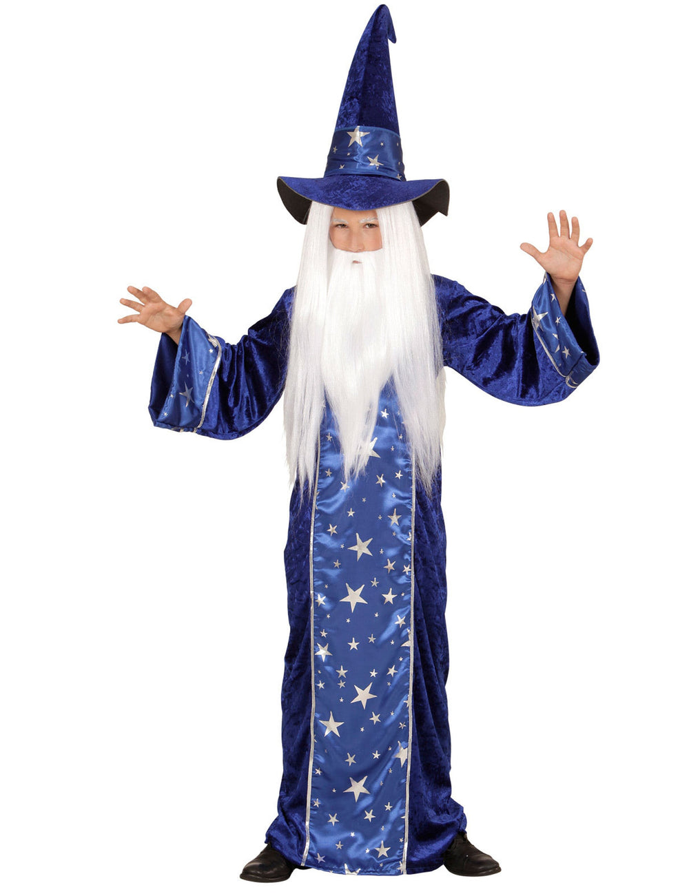 Déguisement de magicien étoilé pour enfant bleu avec chapeau et barbe blanche