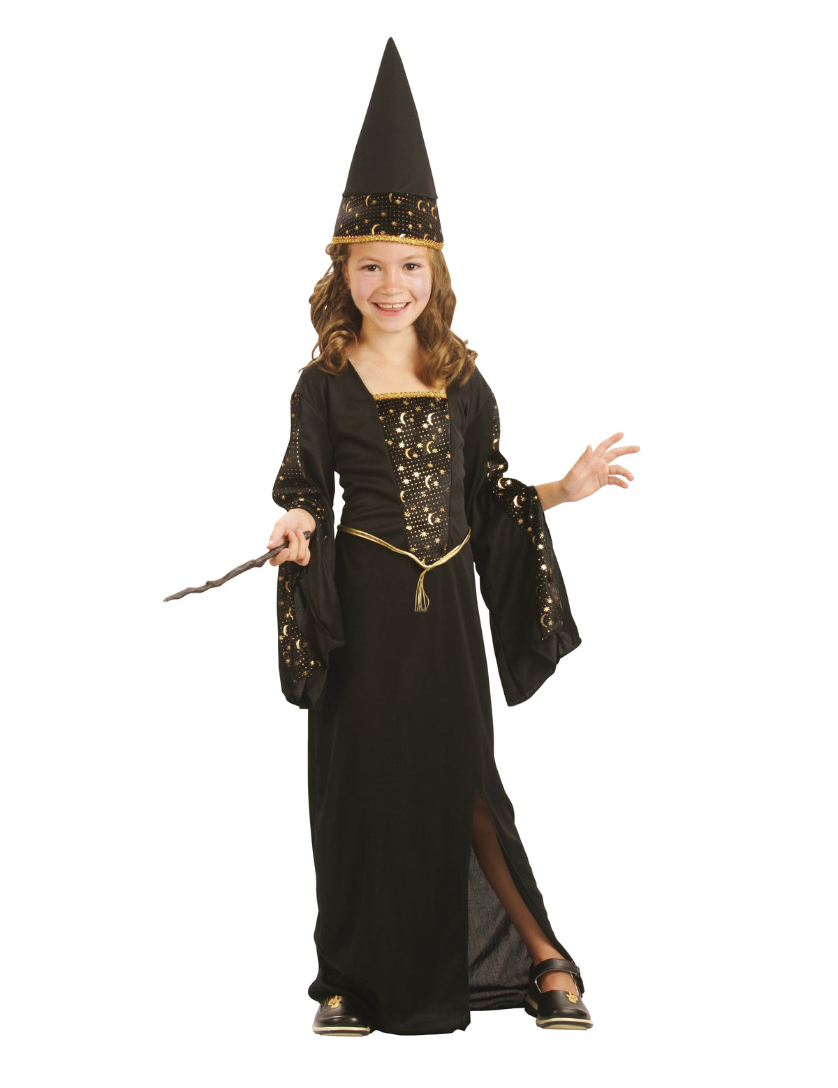 Déguisement de magicienne pour fille noir et doré avec motifs lunes et étoiles