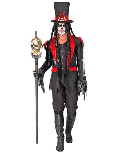 Déguisement maître vaudou pour homme noir et rouge avec haut-de-forme et sceptre crâne