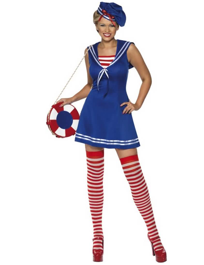 Kostim mornara za ženu plava haljina s šeširom i crveno prugastim čarapama