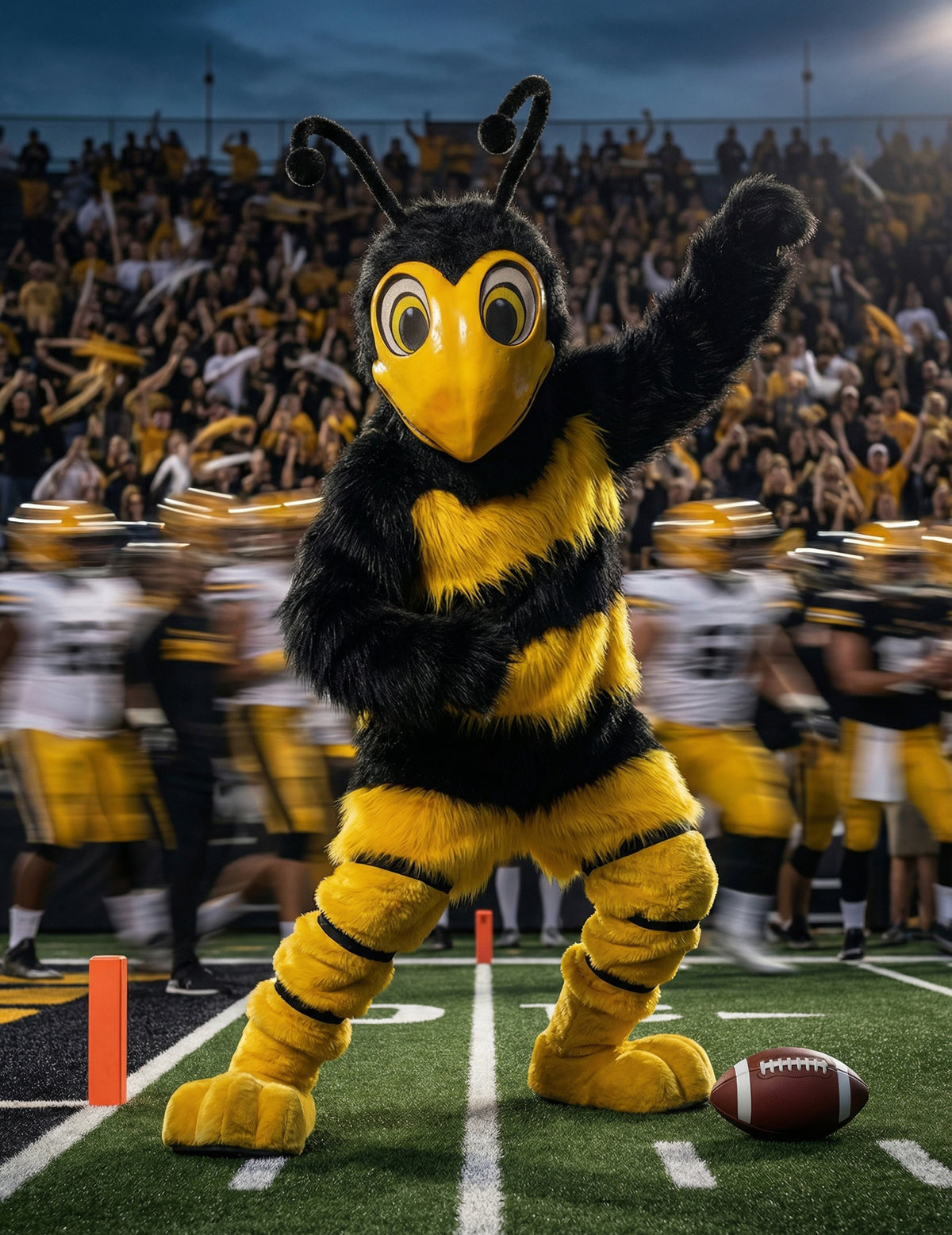 Pose dynamique sur un terrain de sport du déguisement mascotte abeille pour adulte